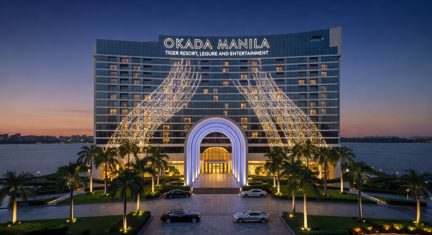 Close-up of bustling slot machine area inside Okada Manila, with colorful lights and players engaged at various machines under the resort's opulent ceiling