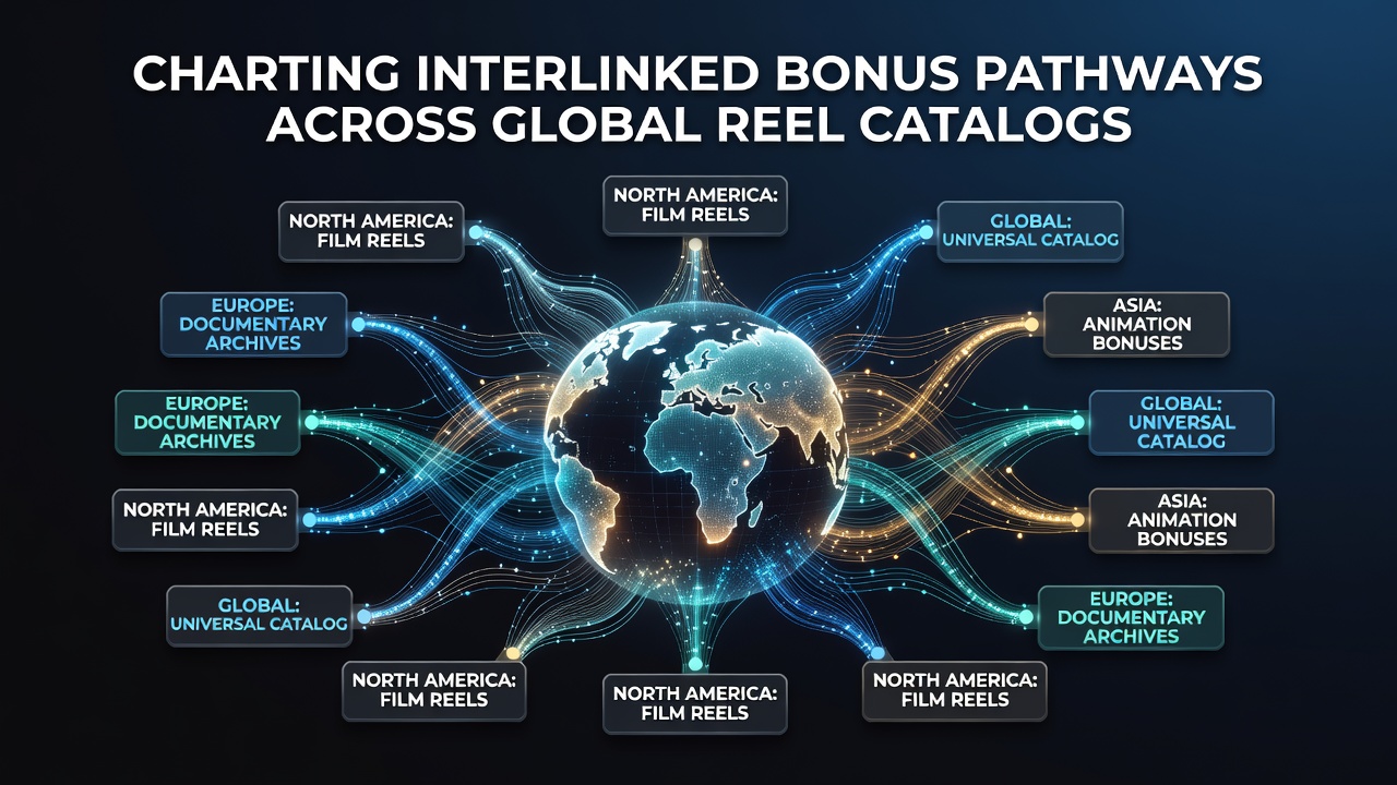 Global slot reel interfaces displaying interconnected bonus pathways and feature triggers across multiple game catalogs