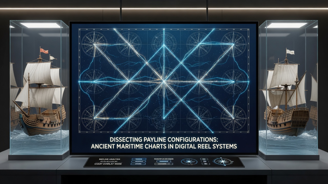 Close-up of reel grid showing paylines traced along digitized rhumb lines and depth contours
