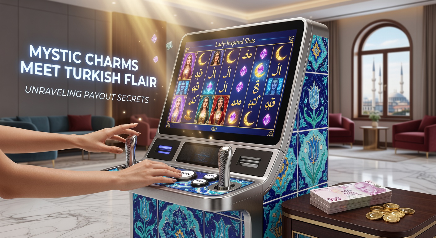 Vibrant slot machine screen displaying a mystical lady surrounded by Turkish lamps and glowing charms, with cascading symbols and jackpot counters