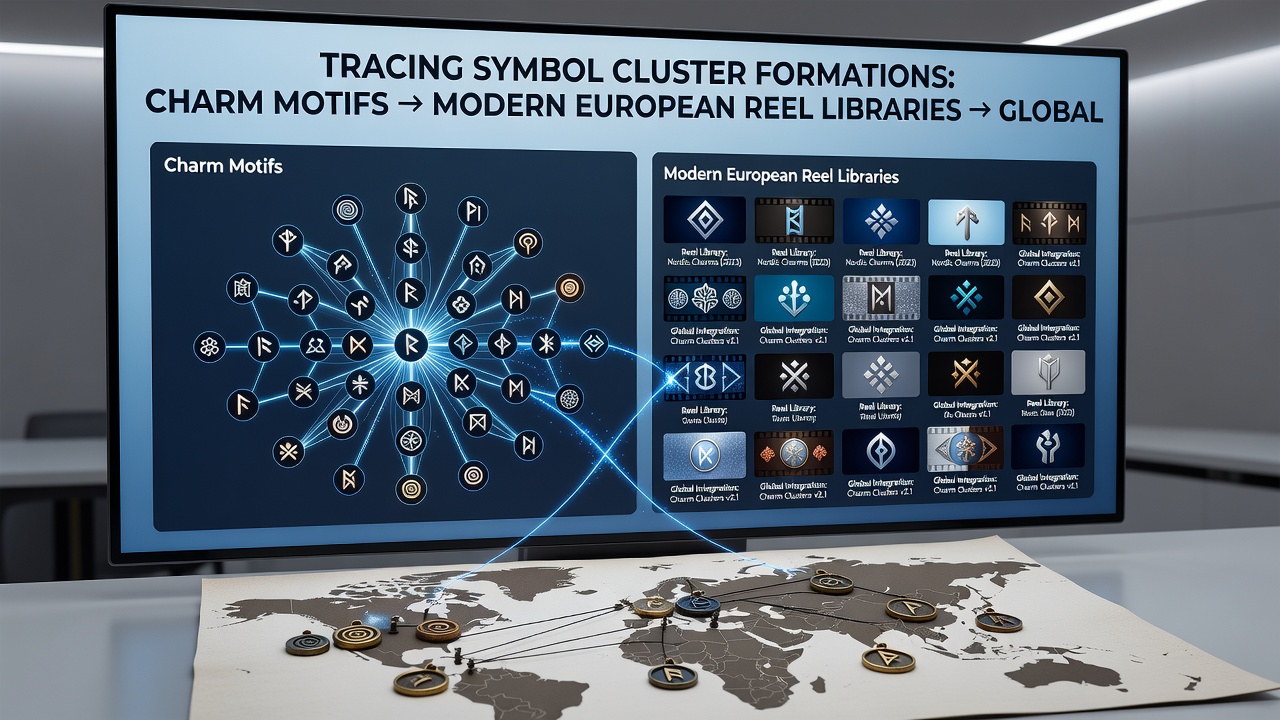 Modern European reel library interface showing clustered charm symbols across multiple game titles